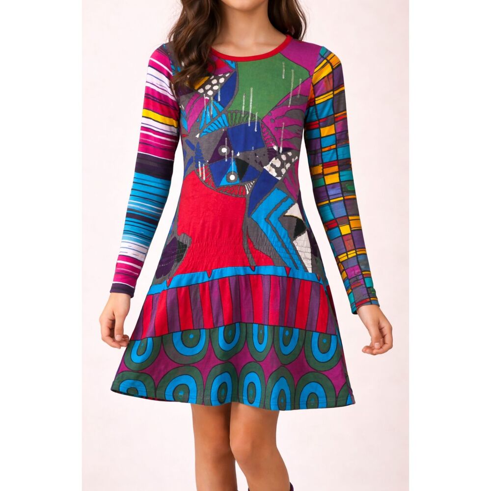 Desigual Girls Dress 11/12 NWT Colorful Patchwork Long Sleeve Cotton Blend Artsy